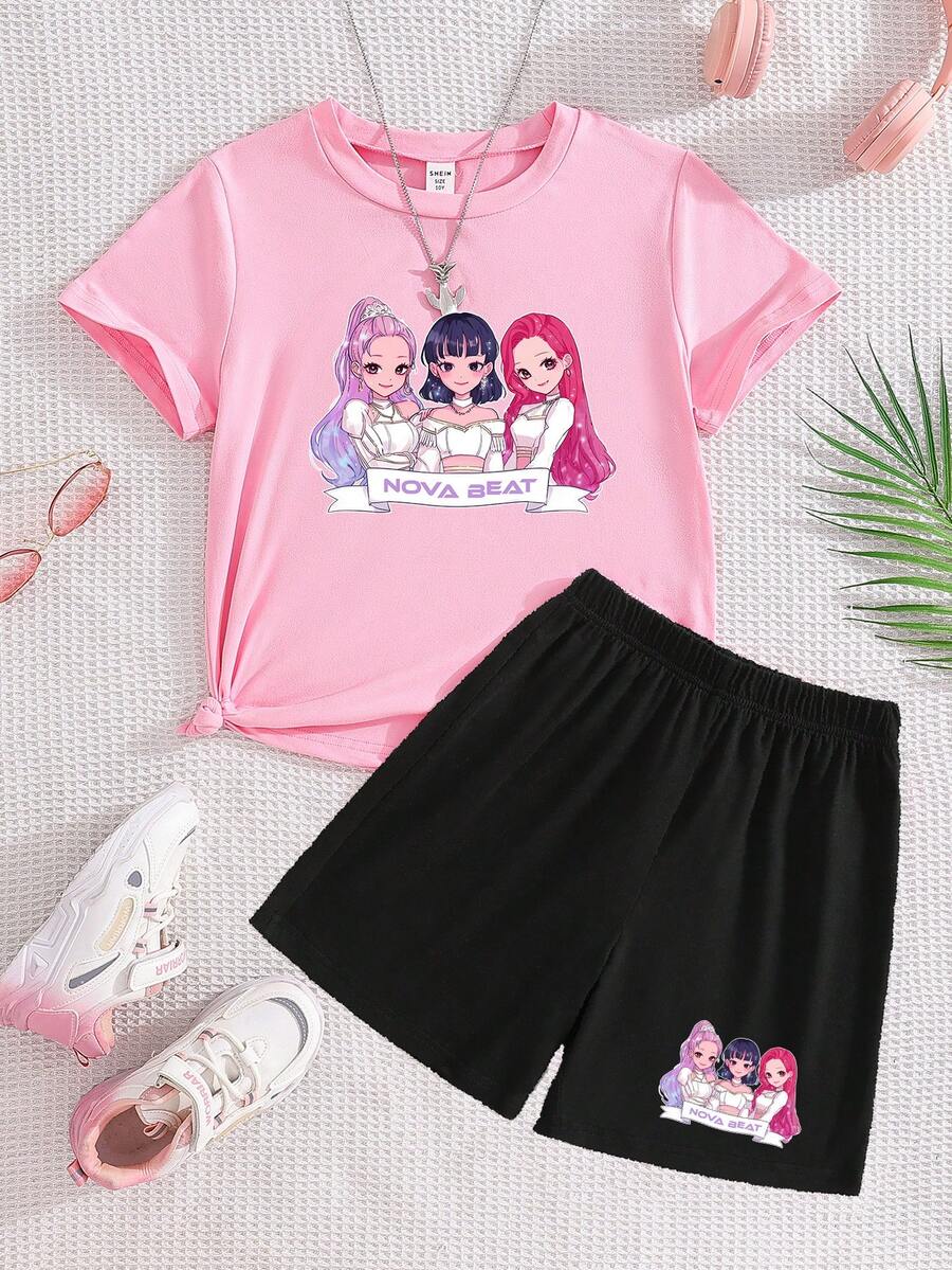 2pcs/Set Girls' Korean Style Graphic Print Round Neck Short Sleeve T-Shirt And Shorts, Casual Korean Theme Pink T-Shirt And Black Shorts Set, Suitable For K-Pop Fans And Daily Wear, Y2K Style Girls' 2-Piece Outfit Girls Cute Set Powerpuff Girls Short Sleeve Sets Girl Summers Lilo And Stitch Clothes Girls - Pink - View 1