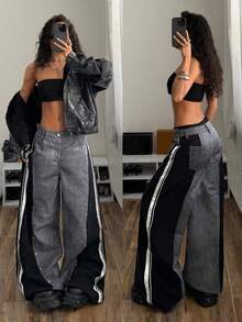StreetHx 女士千禧年风格Y2K服装，黑色休闲街头风，PU拼接镂空设计宽松复古阔腿裤，春秋季 - 深色水洗藍 - 查看 8