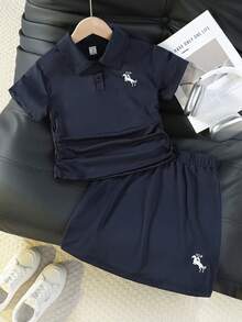 SHEIN Explorewe 少女休闲Polo衫，带刺绣领，搭配裙子，适合休闲、运动和校园穿着 - 藏蓝色 - 查看 1