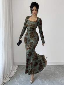 SHEIN Elenzya 女士绿色天鹅绒质感贴花面料方领收腰鱼尾修身连衣裙，性感优雅，适合生日礼物、约会、派对、正式场合，尽显高端气质，也适合独立日、双十一购物节、返校派对、光棍节、平安夜、感恩节等场合。 - 綠色 - 查看 6