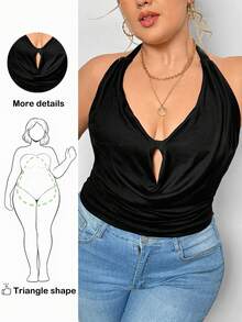 Truni Sometimesglam Plus Size Women's Fashionable Sexy Solid Color Draped Neck Backless Halter Top, For Pear Triangle Body Shape - Black - View 1