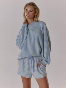 MUSERA Striped Long Sleeve Oversized Soft Boxy Fit Top Only Fall Autumn Cosy Cute Casual Coffee Club Elegant Spring Summer - Baby Blue - View 3
