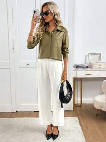 EMERY ROSE Áo sơ mi nữ dài tay màu trơn tối giản cài cúc phía trước, kiểu dáng thường ngày, thích hợp cho mùa Thu/Đông. - màu xanh lá - Xem 3
