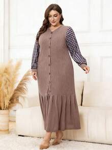 Lacomfia Plus Size Women's Vintage Patchwork Plaid Print V-Neck Single-Breasted Ruffle Hem Loose Dress, Spring/Autumn