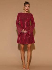 COSMINA 女士优雅迷你连衣裙、派对连衣裙、鸡尾酒会连衣裙、新年连衣裙、情人节连衣裙、长袖露背连衣裙、红色连衣裙、亮面连衣裙、婚礼宾客连衣裙 - 紅色 - 查看 5