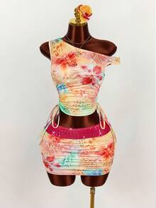 Amplova Wild Animal & Floral Print Asymmetrical Shoulder Cropped T-Shirt + Sequin Waist Bodycon Mini Skirt, Women 2-Piece Set - Multicolor - View 2