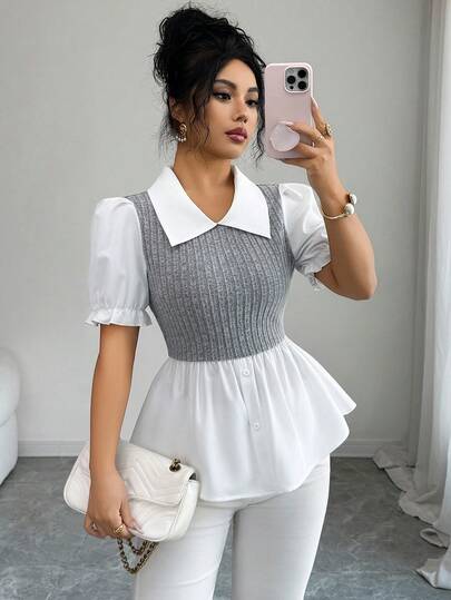 SHEIN LUNE Top de Manga Curta com Babado Estilo Commuter para Mulheres, Design Bicolor