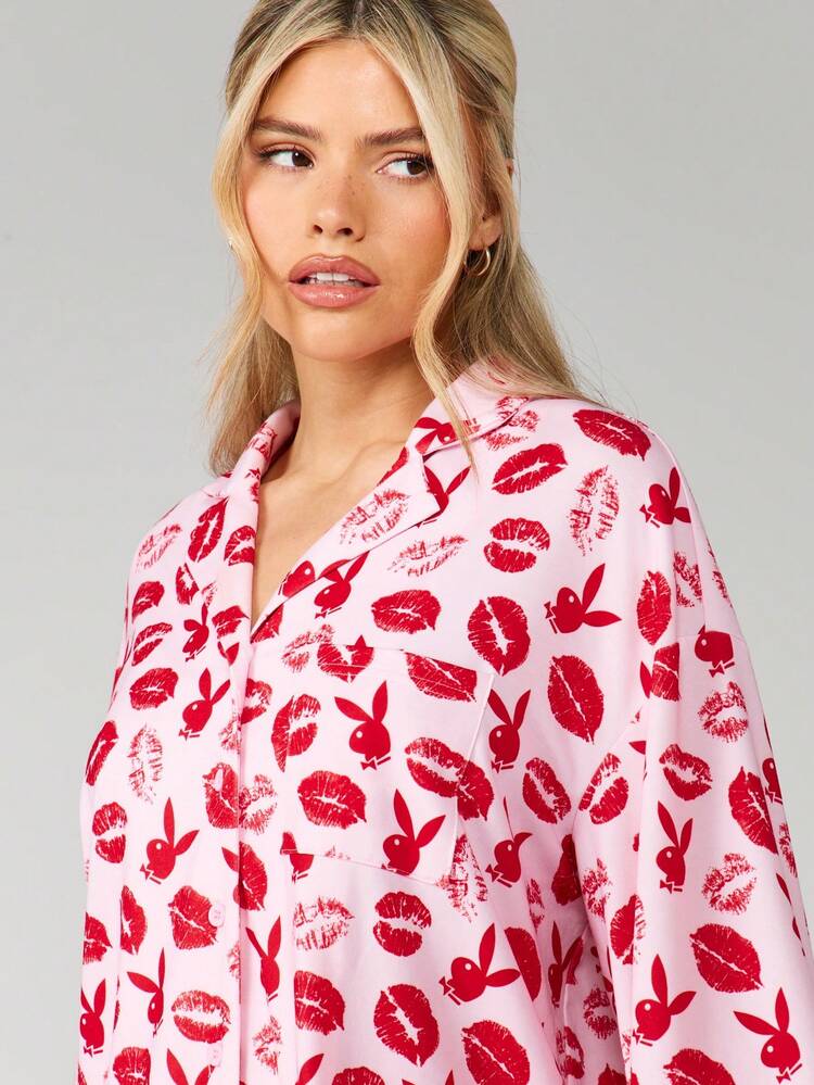 Missguided x Playboy Lip Print Bunny Pajama Set Button Front Shirt Long Sleeve Trouser Sleepwear Loungewear Nightwear Valentine Holiday