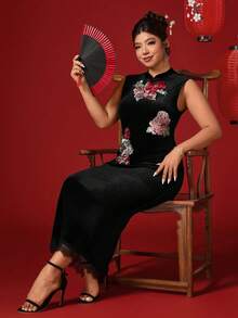 SHEIN Elenzya New Sleeveless Velvet Dress, Chinese Style Lace Patchwork Plus Size Dress