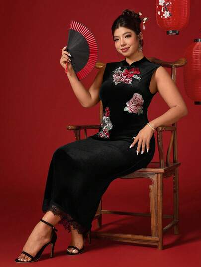 SHEIN Elenzya New Sleeveless Velvet Dress, Chinese Style Lace Patchwork Plus Size Dress
