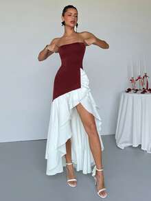 Aloruh 女士时尚优雅撞色荷叶边下摆中长连衣裙 - 酒紅色 - 查看 4