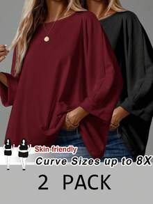 SHEIN CURVE+ 2件套 女士加大码休闲宽松七分袖T恤 情人节 - 彩色 - 查看 1
