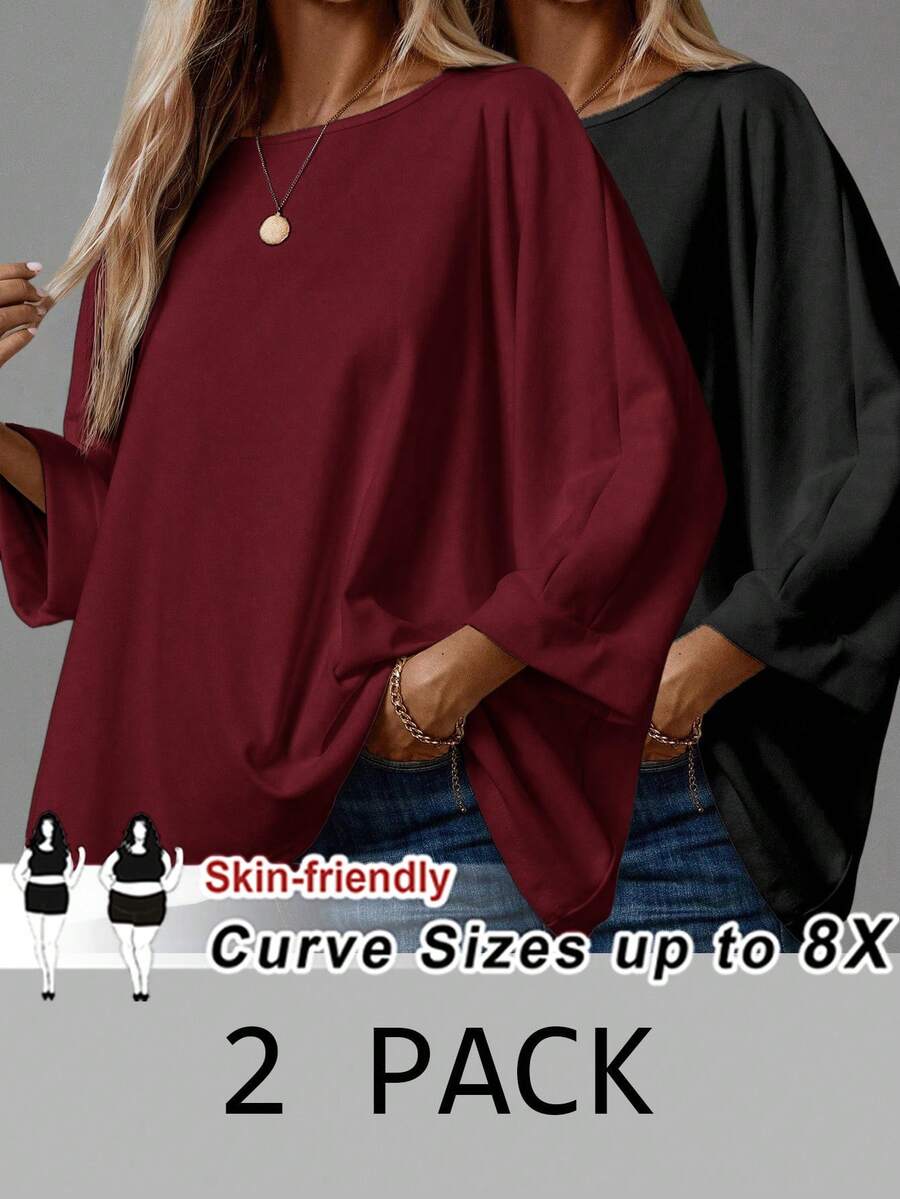 SHEIN CURVE+ 2件套 女士加大码休闲宽松七分袖T恤 情人节 - 彩色 - 查看 1