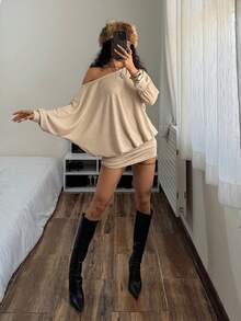 StreetHx 女士时尚露肩薄纱袖连衣裙 - 米色 - 查看 1
