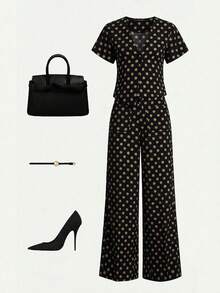 Aveloria Modichic Vintage Polka Dot Asymmetric V-Neck Vest Top And Wide Leg Pants 2 Pieces Set - Multicolor - View 8
