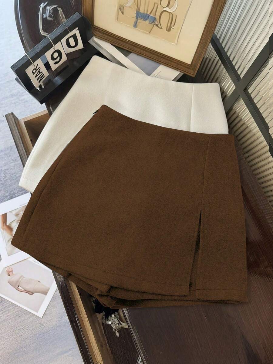 Franclia Váy/quần chữ A xẻ tà hai lớp màu trơn dành cho nữ, thiết kế tối giản, vải dày dặn, chống hở hang. - màu nâu - Xem 1