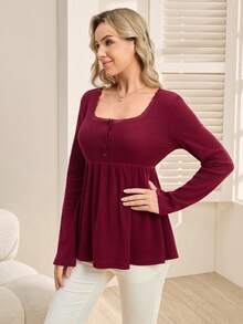 SHEIN Blusa de lactancia de cuello cuadrado de unicolor y largo con adorno de encaje y botones delanteros - Burdeos - Ver 6