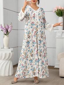 Yasmyna V-Neck Chiffon Lace Patchwork Floral Print Dress With Headscarf, Pink