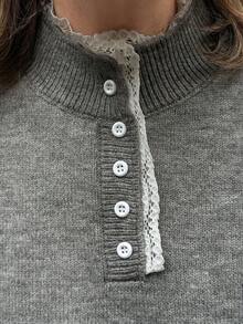 Livesso 女士蕾丝拼接半拉链立领毛衣