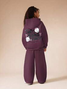 SUMWON Tween Hooded Sweatshirt With Matching Wide Leg Pants Cute Teddy Bear Print Positive Vibes Co-Ord Set For Casual And Vacation - Burgundy - View 3