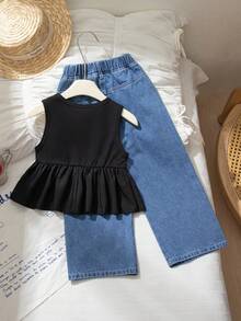 Elladie kids 女童夏季罗纹面料上衣和蝴蝶刺绣宽松直筒牛仔裤两件套，韩版风格 - 彩色 - 查看 2