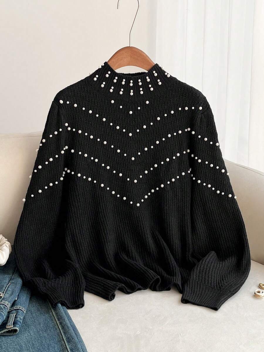 Firerie Women's Pearl Decor Casual Pullover Sweater - Black - View 1