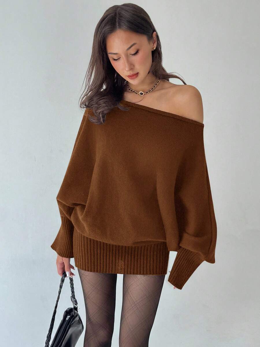 Aloruh Robe pull moulante à manches longues asymétrique polyvalente taille ajustée, style Y2K. Décontractée/Navette, esthétique américaine vintage pour l'automne/l'hiver - Acajou - Voir 1