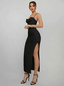 Aloruh Vestido de tirantes finos ajustado con detalle de copa para vacaciones en la playa - Negro - Ver 5