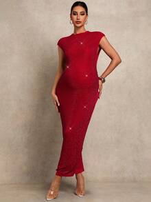 MaterniChic 孕妇时尚性感水钻装饰蝙蝠袖紧身连衣裙，夏季 - 紅色 - 查看 4