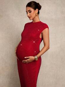 MaterniChic 孕妇时尚性感水钻装饰蝙蝠袖紧身连衣裙，夏季 - 紅色 - 查看 6