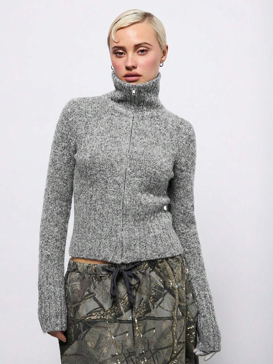 COUREZ Áo len cổ cao có khóa kéo / Áo len phong cách Y2K dành cho nữ, trang phục mùa đông cho nữ, trang phục năm mới. - Xám - Xem 1