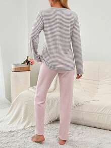 EURMUSE 100%Cotton Embroidery Cartoon & Letter Pattern Striped Lounge Set - Multicolor - View 2