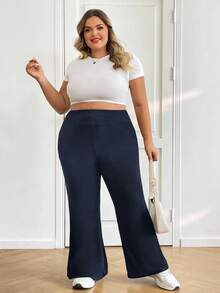 SHEIN CURVE+ 女士高腰喇叭弹力休闲裤，秋季/春季/夏季清凉裤，喇叭裤 - 寶藍色 - 查看 6