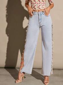 Denimoi 秋季女装，蓝色性感宽松浅色水洗牛仔开衩侧镶钻阔腿牛仔裤。适合日常穿着、外出、音乐会、节日等场合。 - 淺色水洗藍 - 查看 4