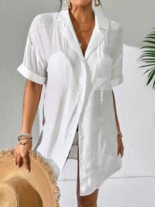 SHEIN Swim Women Simple Solid Color Short Sleeve Kimono Cover Up,Summer Beach Beach Outfit For Womenbeach Cover Up Womenlong Shirtbeach Shirt - White - View 3