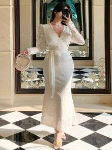 DAZY Vestido largo de Body ceñido con cuello en V elegante, cintura con encaje estampado y falda de sirena - Beis - Ver 7