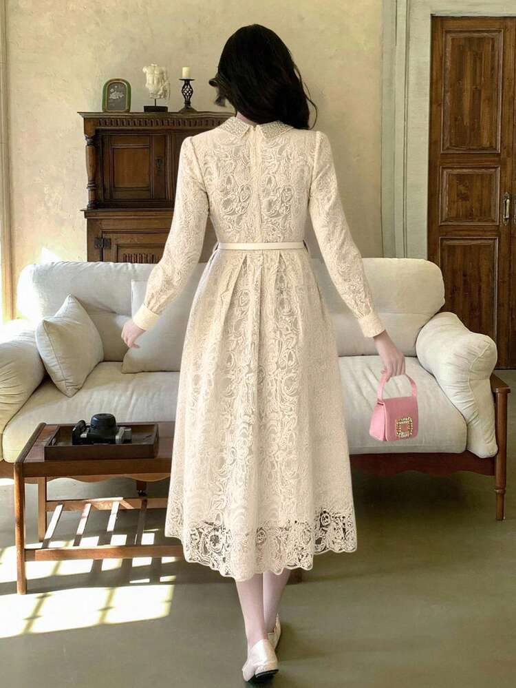 French Style Long Sleeve Embroidered Lace Elegant Waist Cinched Dress For Women Maxi Dress Sundress