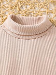 SHEIN 2件套少女纯色针织立领休闲T恤和裤子套装 - 杏色 - 查看 7