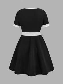 SHEIN Tween Girls Elegant Black And White Contrast Stitching Button Round Neck Short Sleeve A-Line Dress For Summer School Back-To-School College Style - Black and White - View 9
