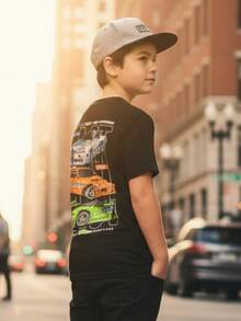 Camiseta informal de manga corta con cuello redondo y estampado de coche para niños pequeños preadolescente con elegante estampado autos automóviles carros ideal para uso diario primavera verano otoño - Negro - Ver 3