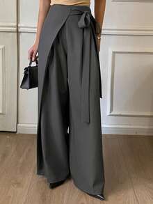 DAZY 女士优雅宽松系带斜领纯色长裤，适合春秋季穿着 - 灰色 - 查看 1