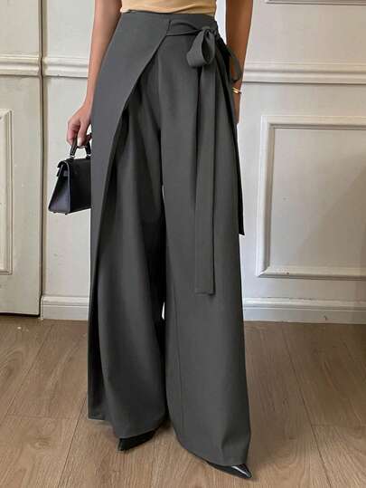 DAZY Women's Elegant Loose Tie-Waist Oblique Collar Solid Color Pants, Suitable For Spring And Autumn