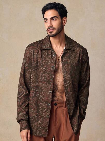 EASEVO 秋季男士大码休闲单排扣腰果花印花长袖衬衫