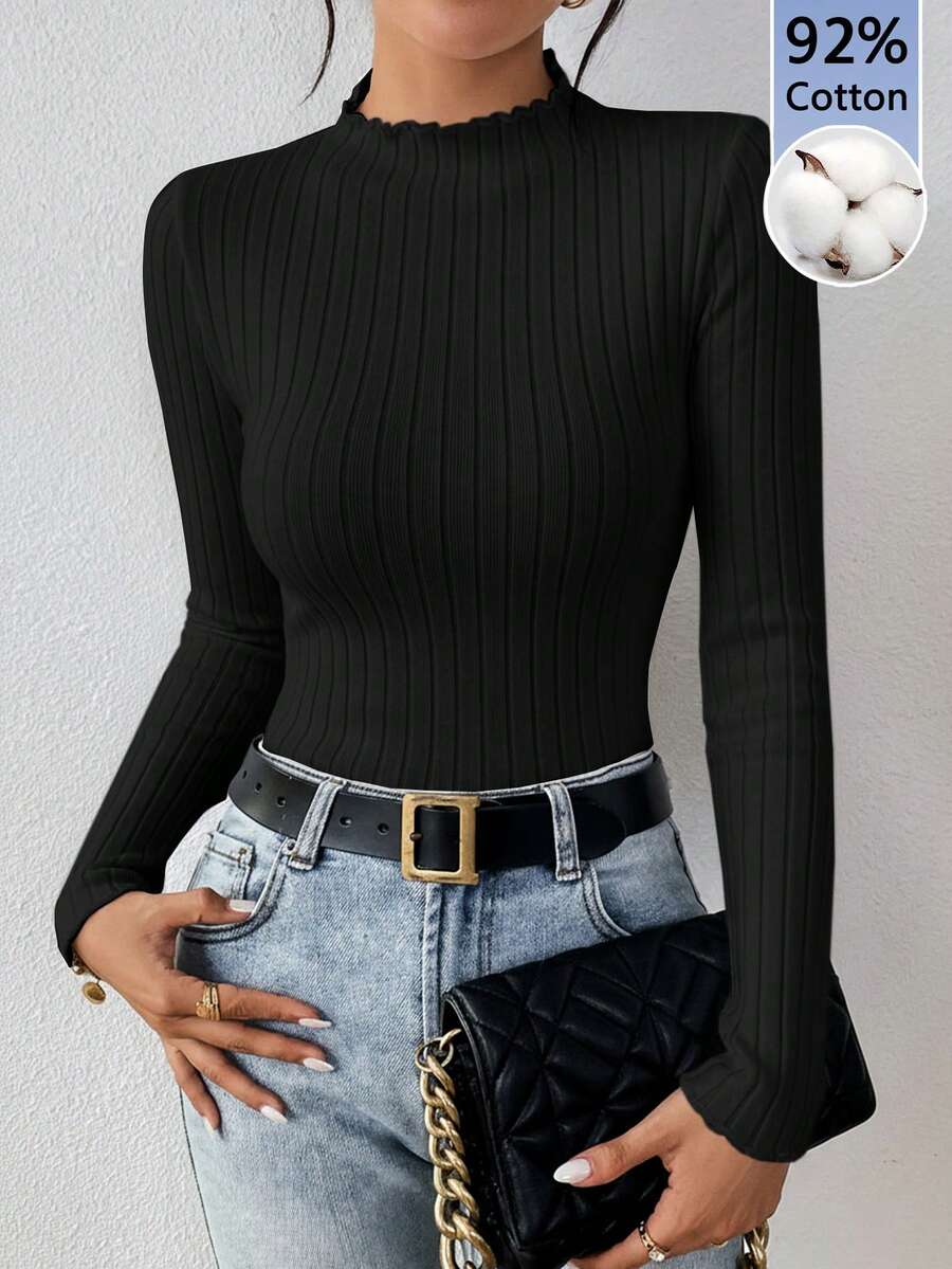 SHEIN Frenchy 92% Cotton Ribbed Turtleneck Long Sleeve Slim Fit T-Shirt For Women, Black Spring Turtle Neck Top - Black - View 1