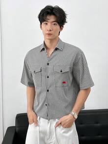 ESTAVOR Men's Plaid Print Front Button Pocket Casual Short Sleeve Shirt Men Summer Outfits Men Pants And Shirt - Black and White - View 3