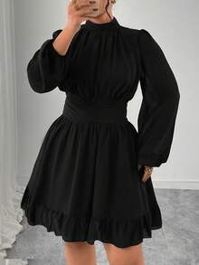 Elenzga Đầm midi dài tay ôm dáng, cổ đứng, bèo nhún, trang trí, dành cho nữ cỡ lớn, màu xanh navy, thanh lịch, thích hợp dự tiệc. - màu đen - Xem 5