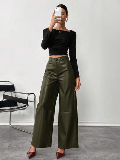 Siren Gaze Women's Leather Women Pants Plain Front-Button Minimalist Casual Pants, Daily Wear, Women Bottoms Spring Elegant