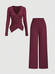 Sweetra Petite 2 Stücke/Set Frauen minimalistischer Pendler Strick strukturierter bequemer Lässig Metall Schnallen Dekor Petite Set, Herbst/Winter - Bordeaux - Übersicht 1