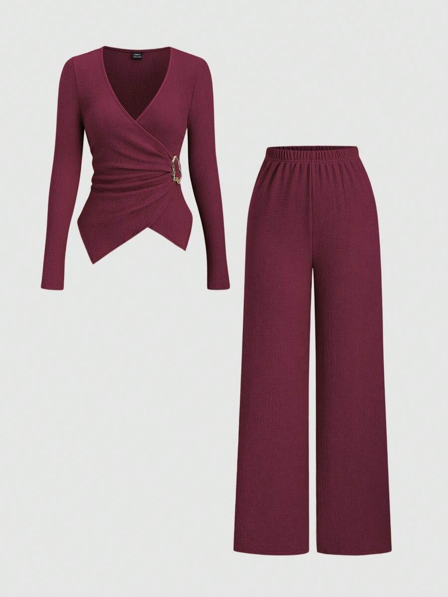 Sweetra Petite 2 Stücke/Set Frauen minimalistischer Pendler Strick strukturierter bequemer Lässig Metall Schnallen Dekor Petite Set, Herbst/Winter - Bordeaux - Übersicht 1