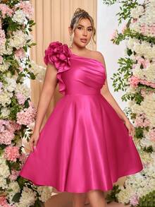 Lovelzi Plus Size Women's Elegant Romantic Red Satin One-Shoulder Pleated Exaggerated 3D Floral A-Line Midi Dress, Suitable For Formal Balls, Galas, And Parties - Hot Pink - View 5